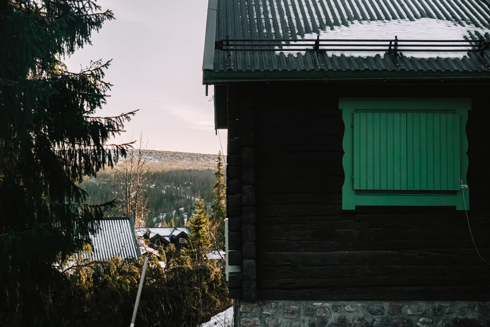 A log cabin with a bright green shutter, the valley below in low sun